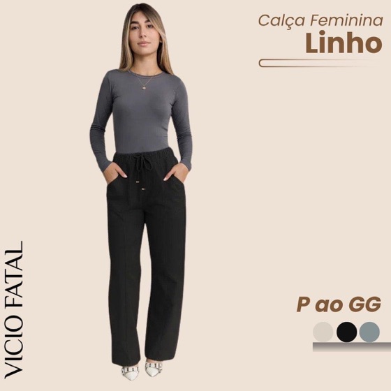 Krayani Calça Feminina de Linho Reta Cós Wide Leg Elástico Reta